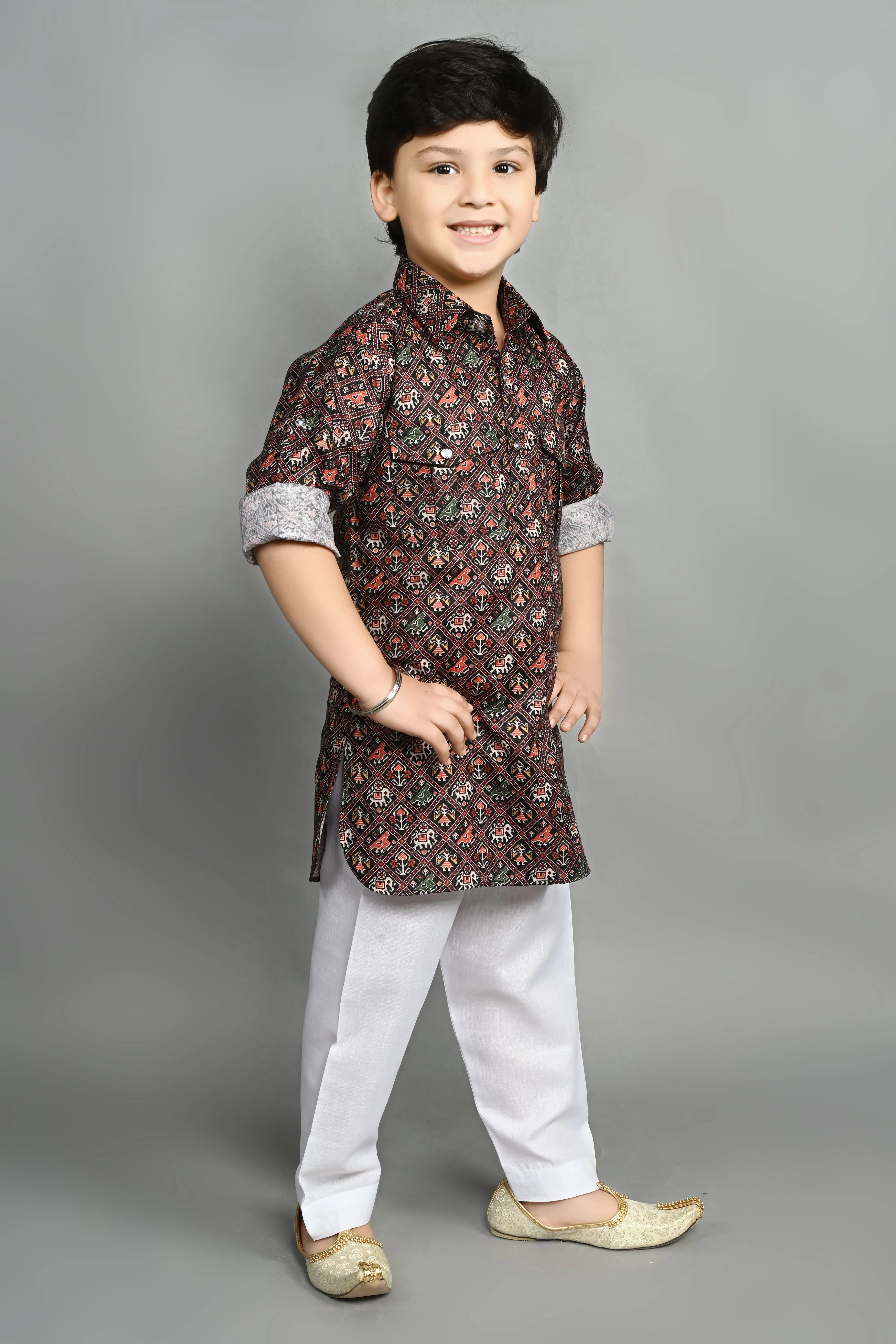 Ahhaaaa Kids Ethnic Wear Printed Cotton Kurta Pyjama Pathani Suit For Boys