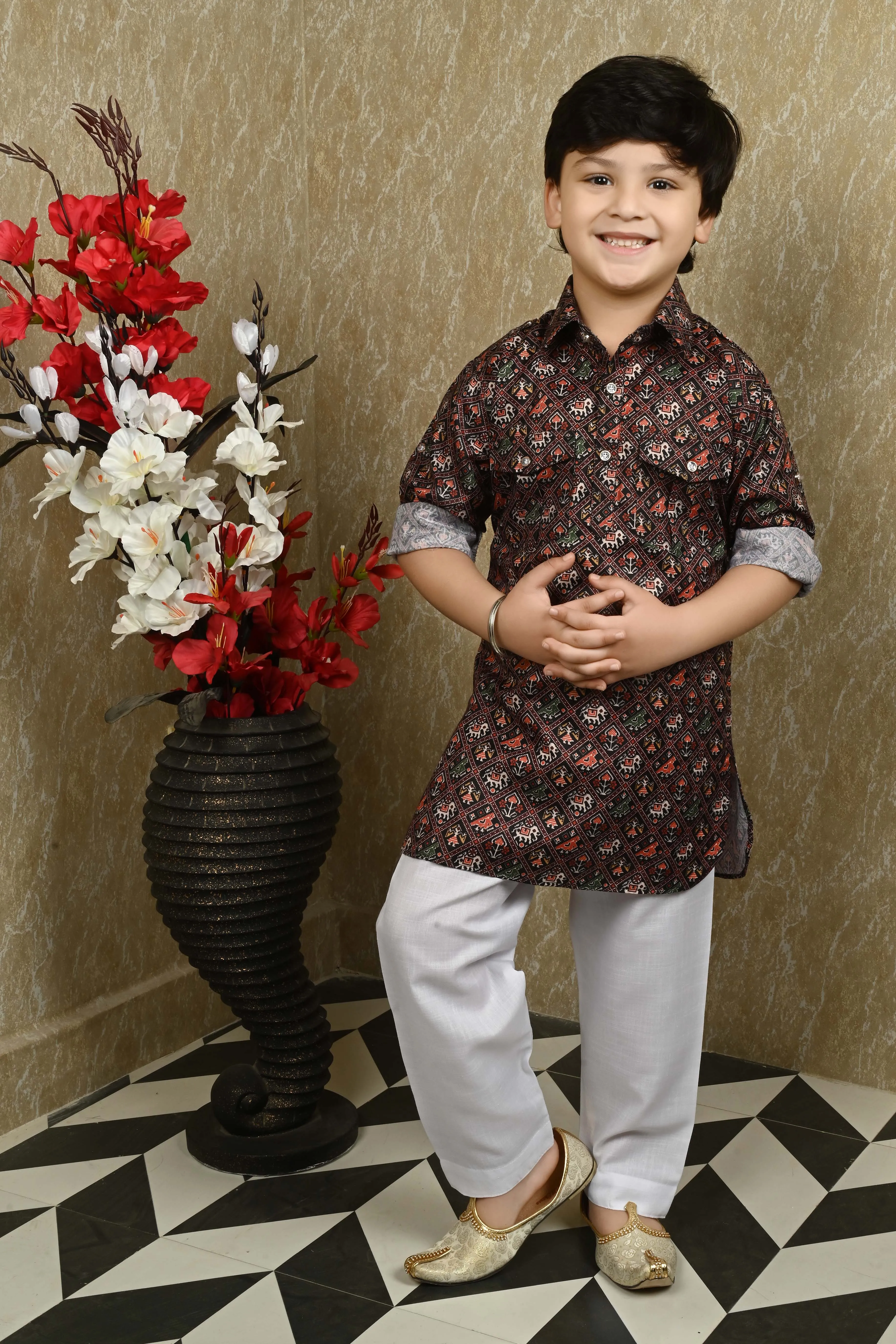 Ahhaaaa Kids Ethnic Wear Printed Cotton Kurta Pyjama Pathani Suit For Boys