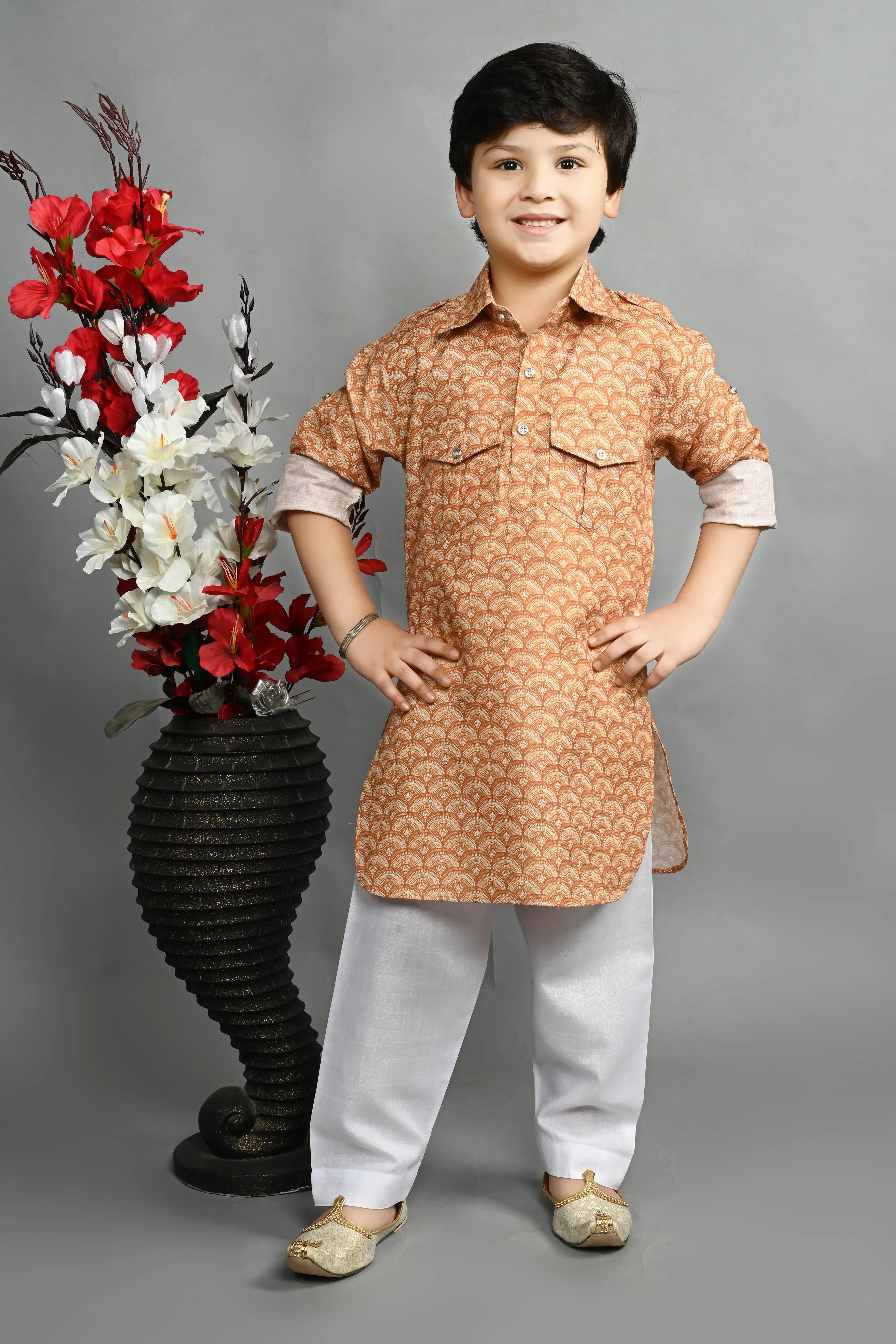 Ahhaaaa Kids Ethnic Wear Printed Cotton Kurta Pyjama Pathani Suit For Boys