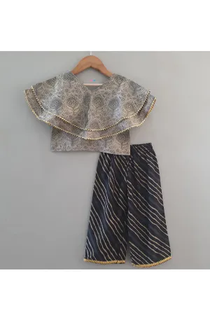 Black And Grey Printed Muslin Silk Top With Palazzo Set