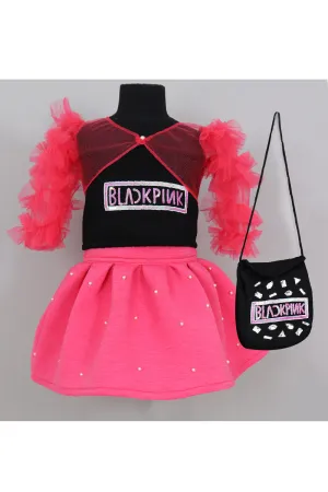 Black And Pink Embroidered Ruffle Dress With Sling Bag