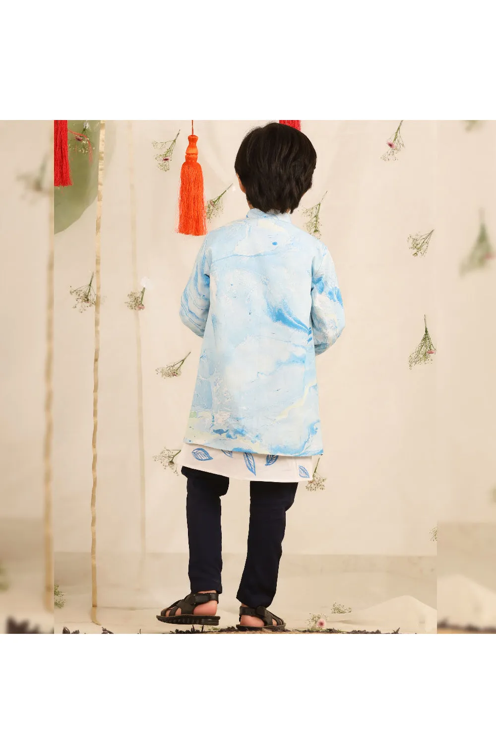 Blue And White Leaf Printed Cotton Kurta With Long Jacket Set