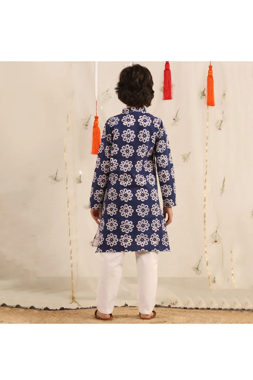 Blue And White Printed Asymmetrical Cotton Kurta With Pyjama Set