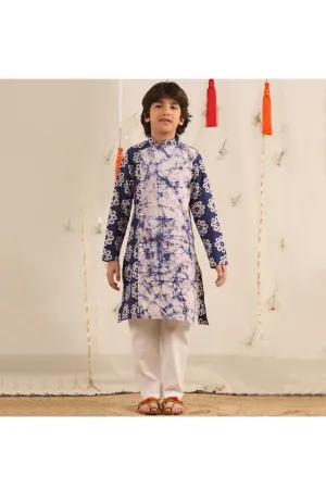 Blue And White Printed Asymmetrical Cotton Kurta With Pyjama Set