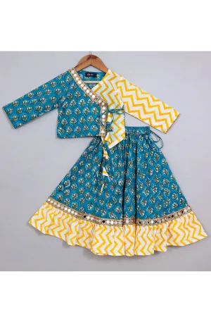 Blue And Yellow Hand Block Printed Angarkha Style Top With Lehenga Set