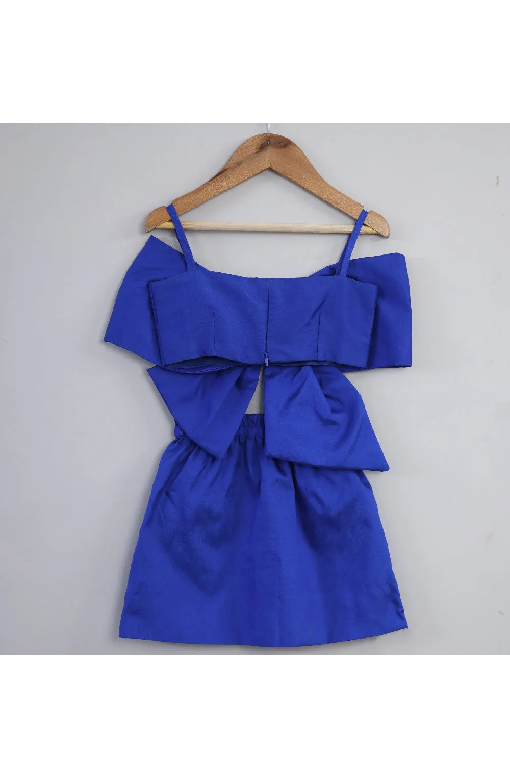 Blue Big Bow Detailing Silk Sleeveless Top With Short Set