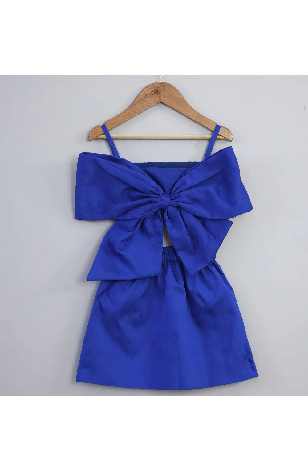 Blue Big Bow Detailing Silk Sleeveless Top With Short Set