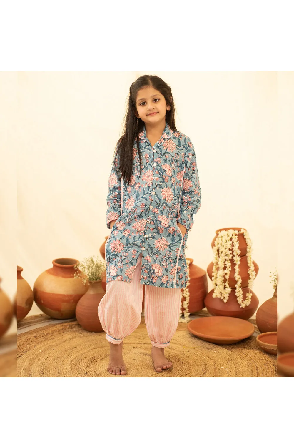 Blue Floral Printed Cotton Shirt Style Top With Salwar Set