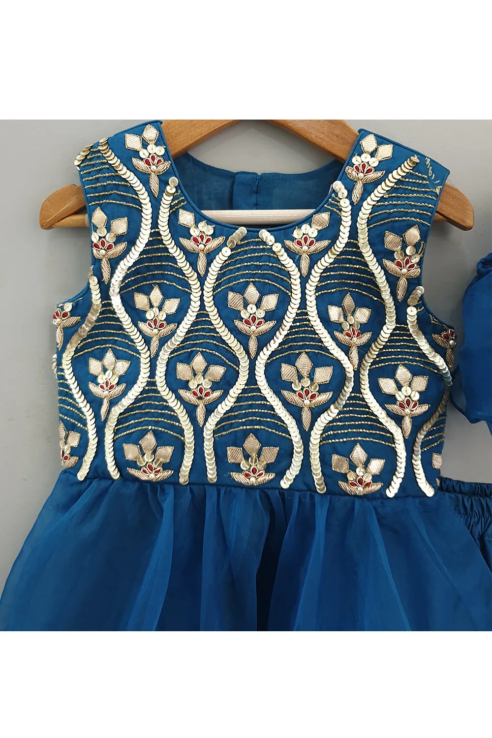 Blue Hand Embroidered Peplum Style Top Sharara With Dupatta Set