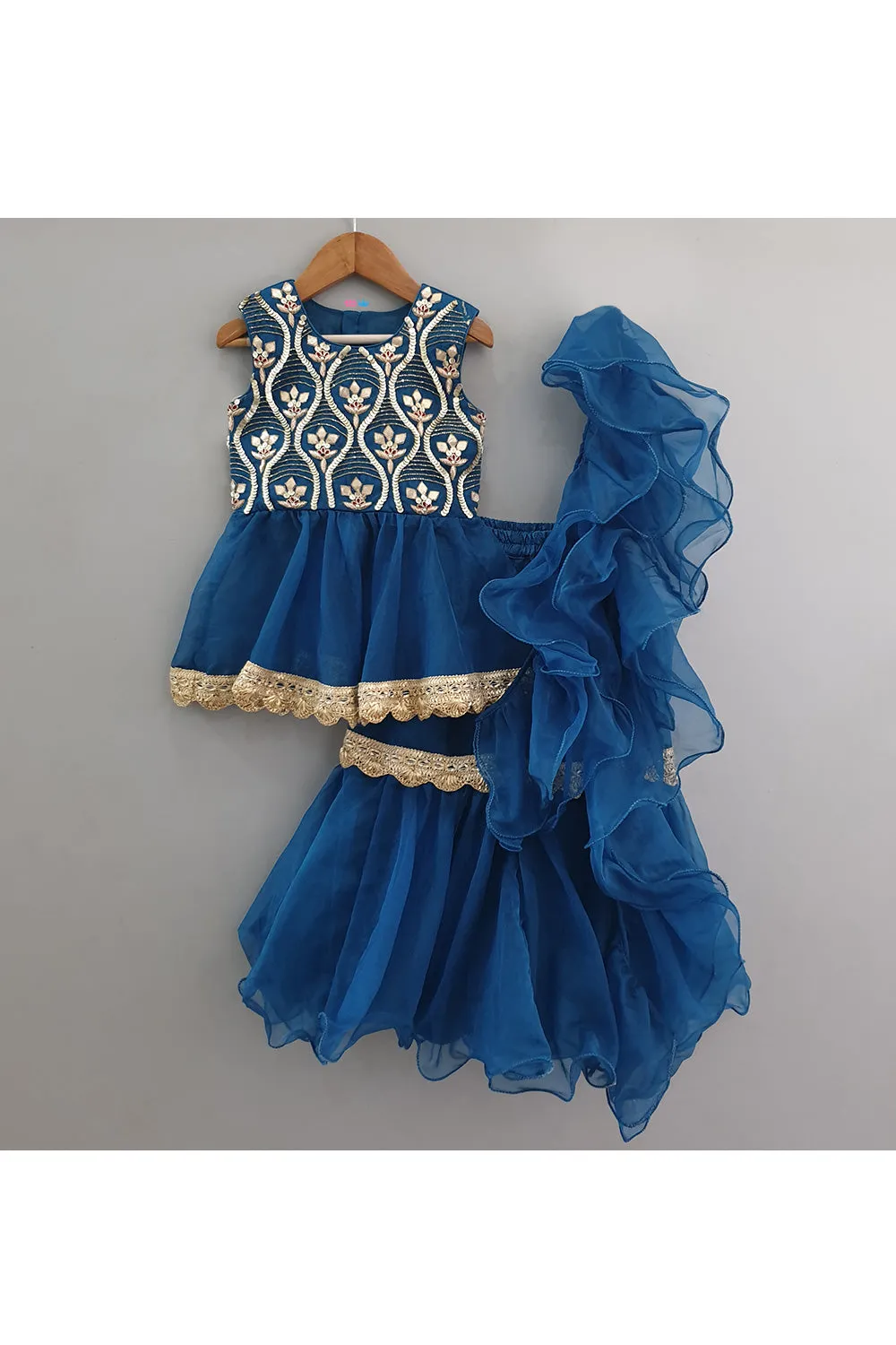 Blue Hand Embroidered Peplum Style Top Sharara With Dupatta Set