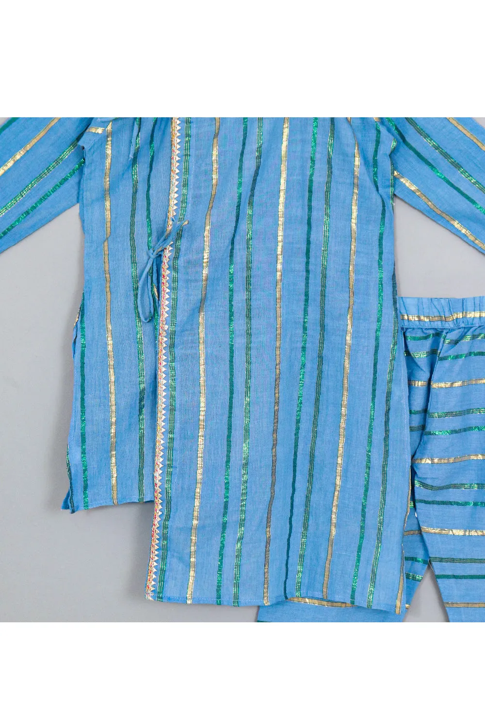 Blue Lace Detailing Asymmetrical Cotton Lurex Kurta With Pyjama Set