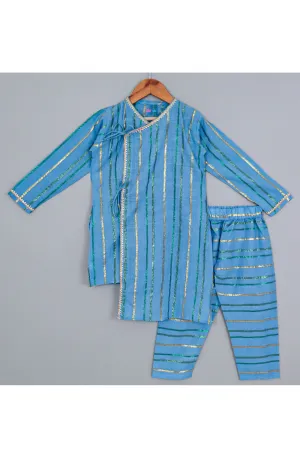 Blue Lace Detailing Asymmetrical Cotton Lurex Kurta With Pyjama Set