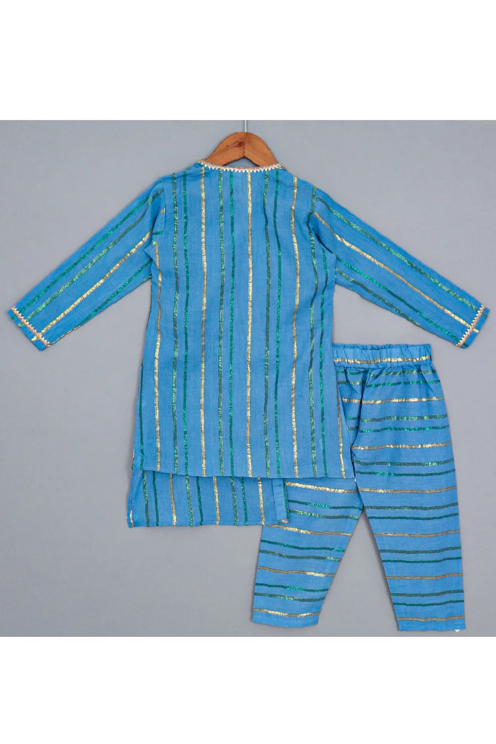 Blue Lace Detailing Asymmetrical Cotton Lurex Kurta With Pyjama Set