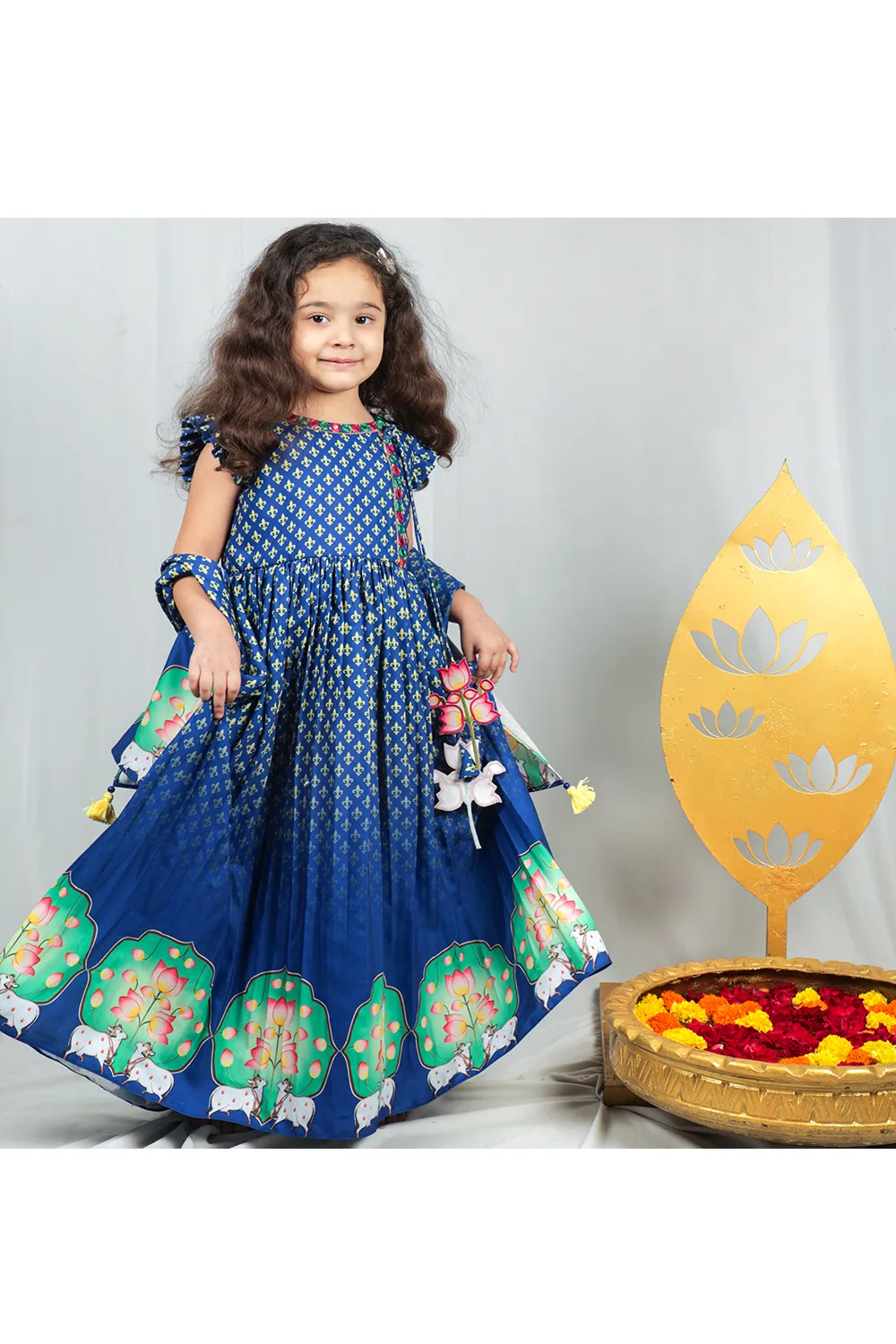 Blue lotus and cow printed anarkali with dupatta