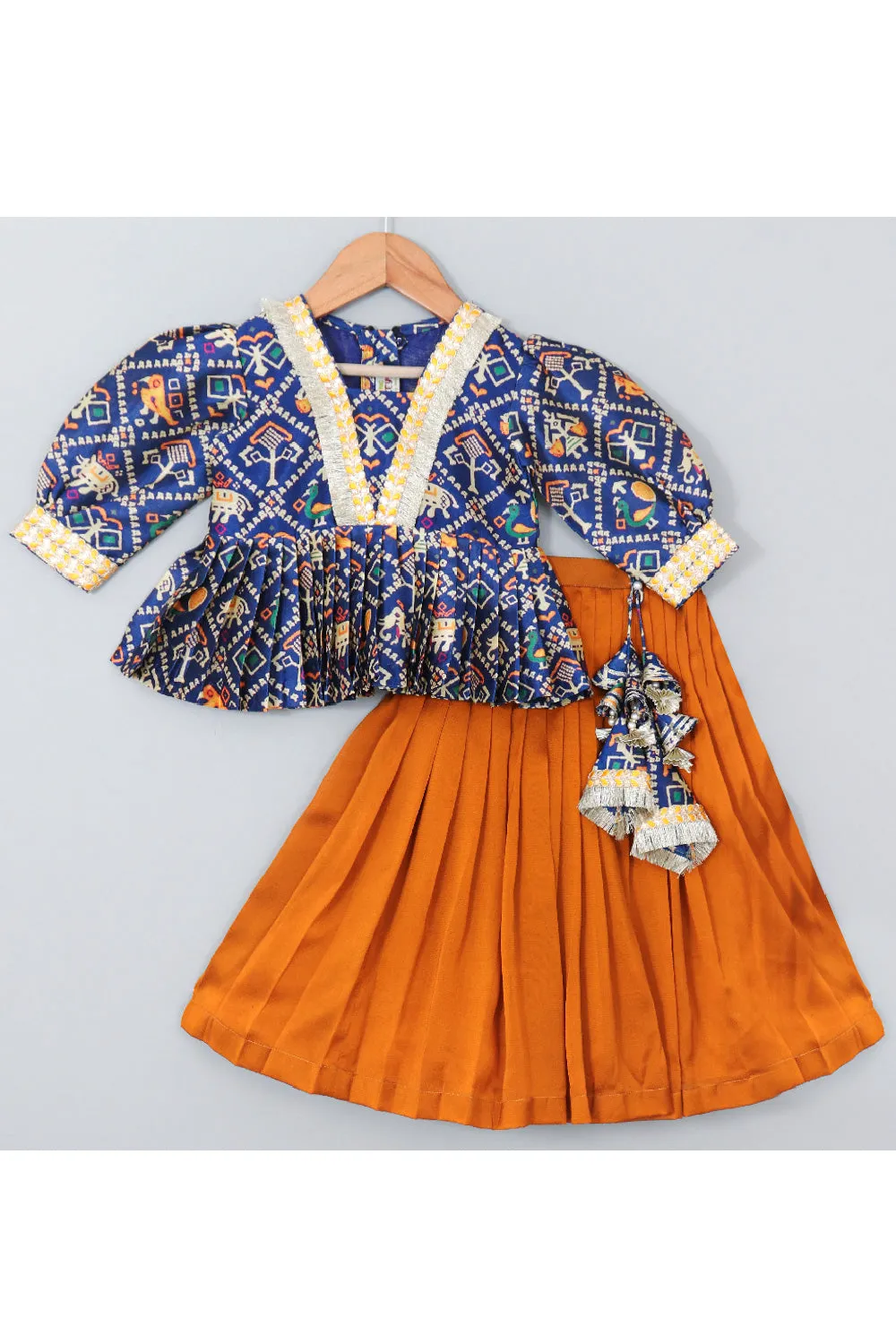 Blue Patola Printed Silk Peplum Style Top With Mustard Yellow Lehenga Set