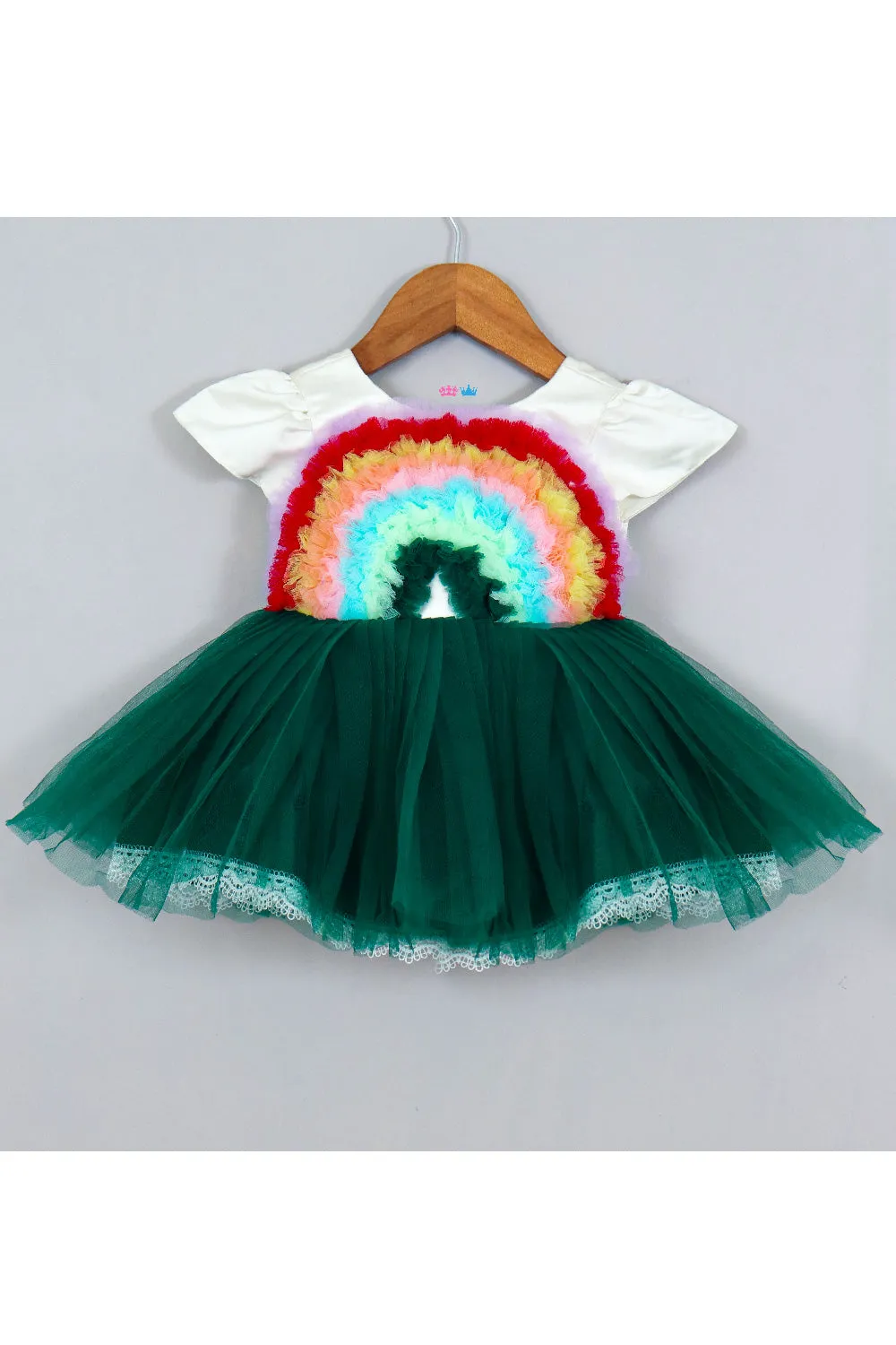 Bottle Green Rainbow Frill Net Dress