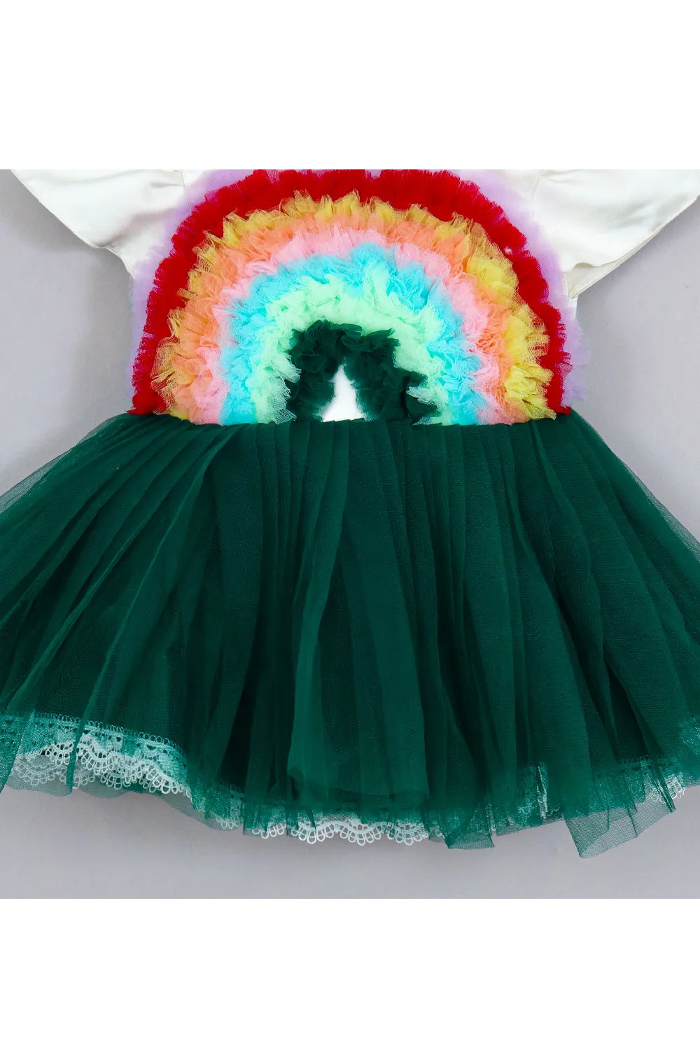 Bottle Green Rainbow Frill Net Dress