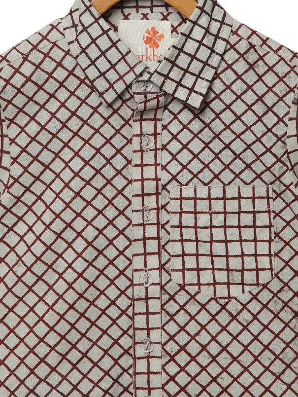 Boys Beige Maroon Block Printed Checks Cotton Shirt