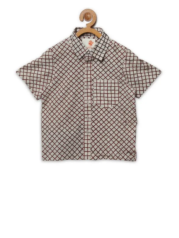 Boys Beige Maroon Block Printed Checks Cotton Shirt