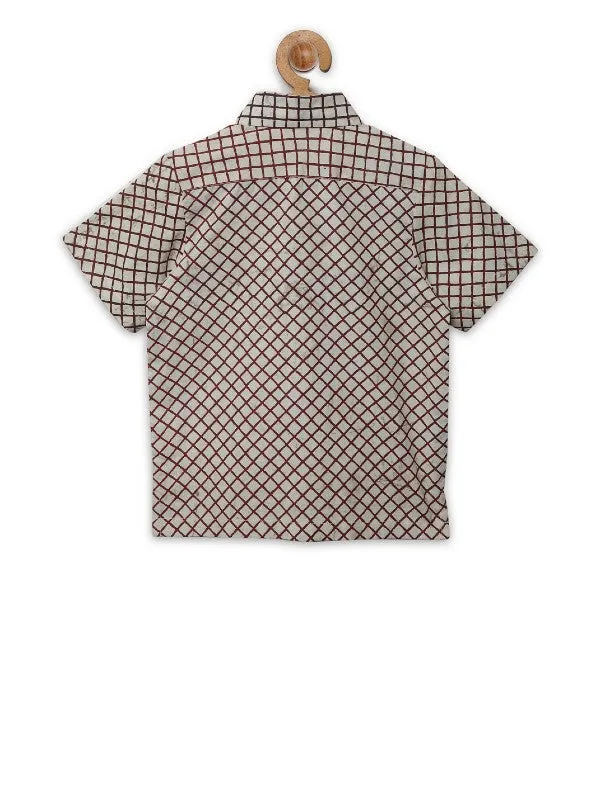 Boys Beige Maroon Block Printed Checks Cotton Shirt