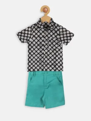 Boys Black & White Print Shirt With Green Shorts (Set of 2)