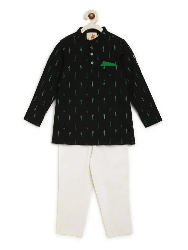 Boys Black Ikat Kurta & White Pyjama Set (Set of 2)