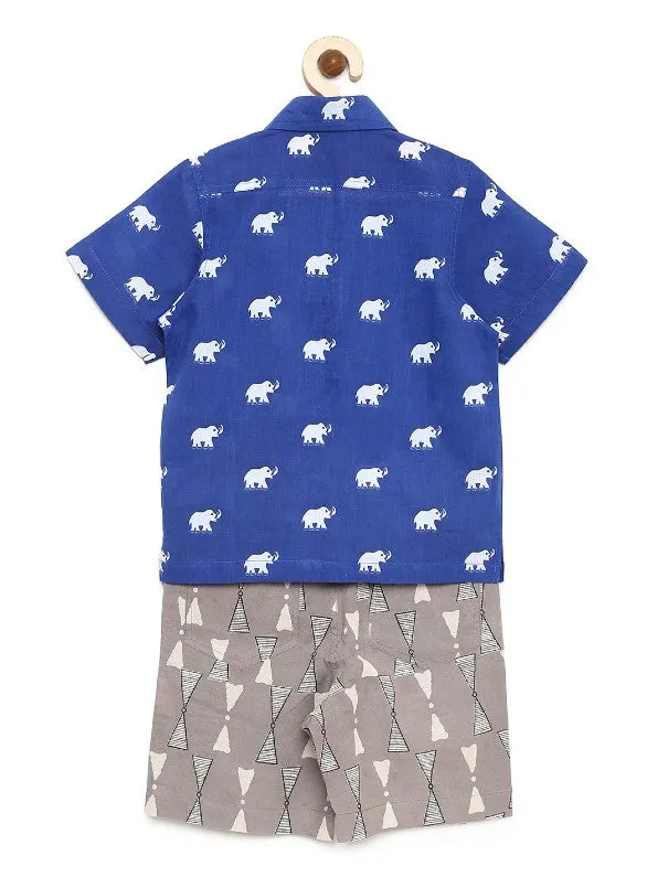 Boys- Blue Elephant Print Shirt With Grey Shorts (Set of 2)