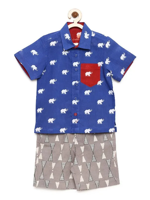 Boys- Blue Elephant Print Shirt With Grey Shorts (Set of 2)