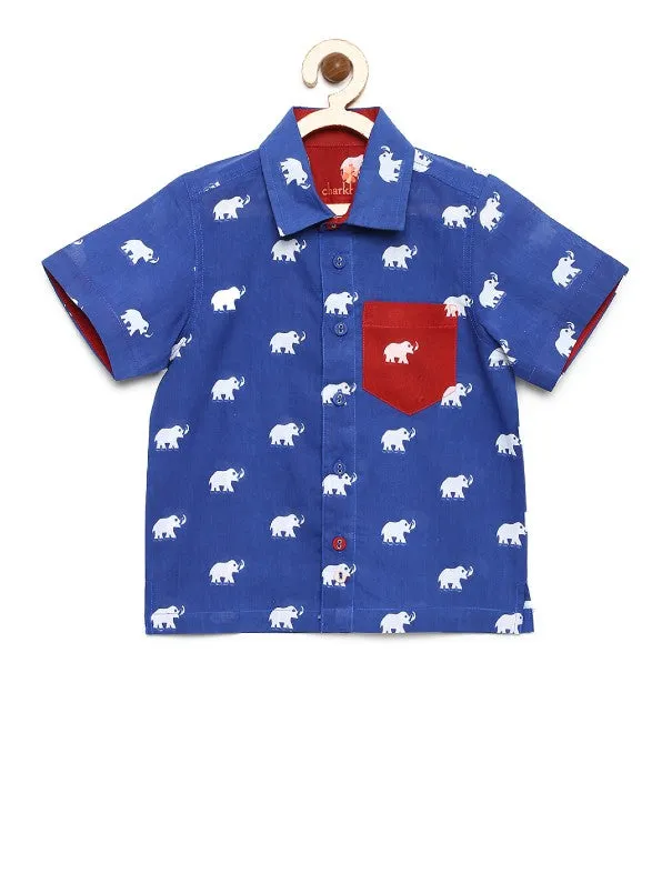 Boys- Blue Elephant Print Shirt With Grey Shorts (Set of 2)