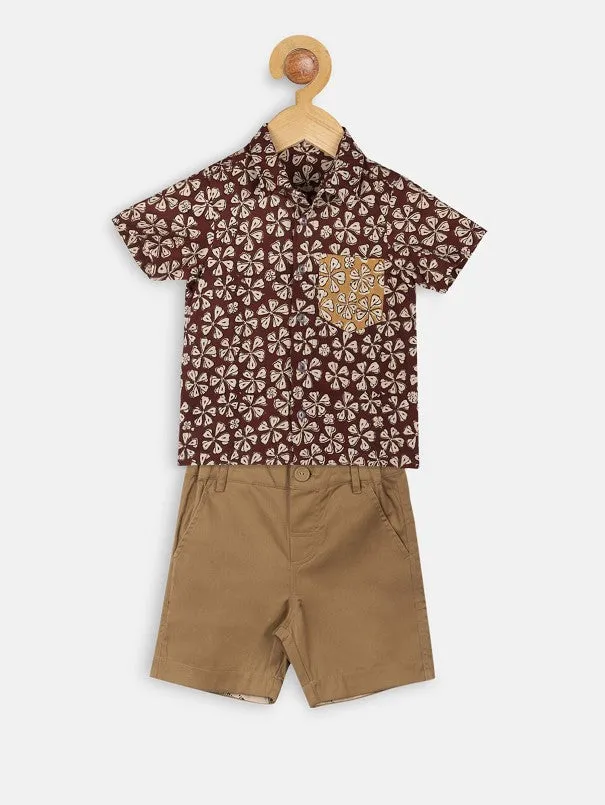 Boys Maroon Hand Block Printed Shirt & Khakhi Pants (Set of 2)