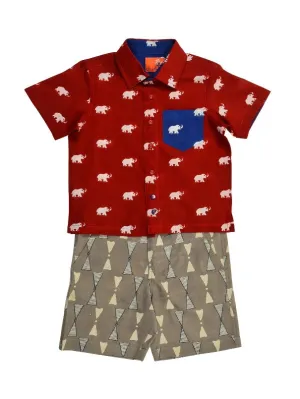 Boys Red Elephant Print Shirt With Grey Shorts (Set of 2)