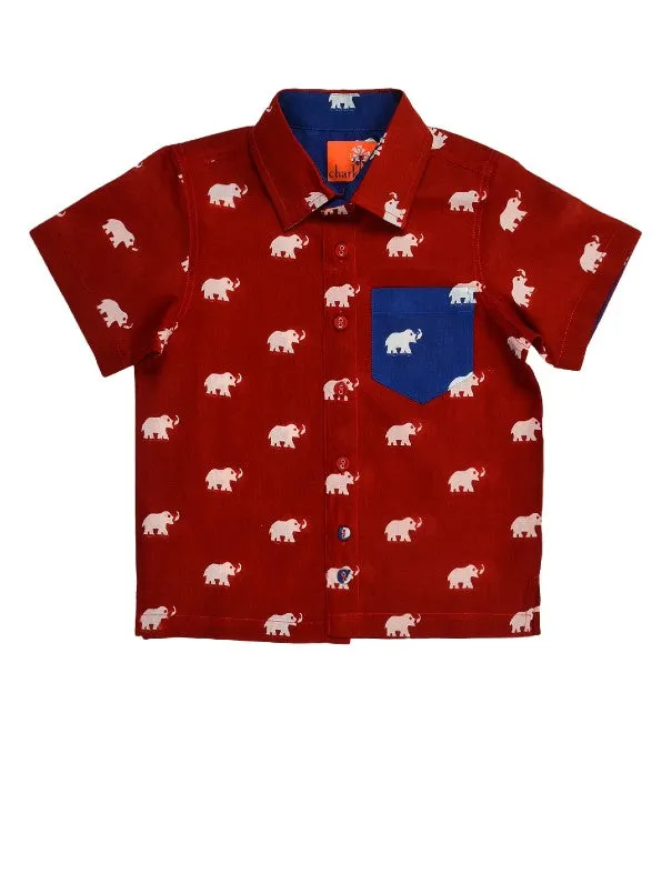 Boys Red Elephant Print Shirt With Grey Shorts (Set of 2)