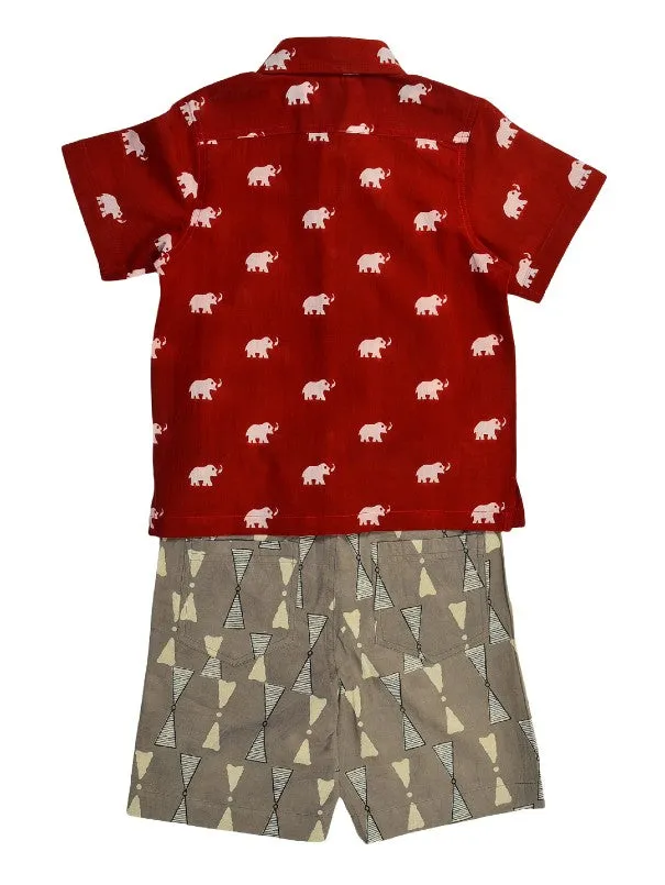 Boys Red Elephant Print Shirt With Grey Shorts (Set of 2)