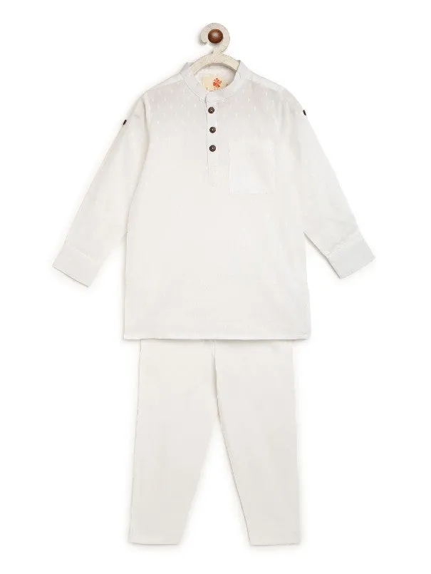 Boys White Self Design Kurta Set (Set of 2)