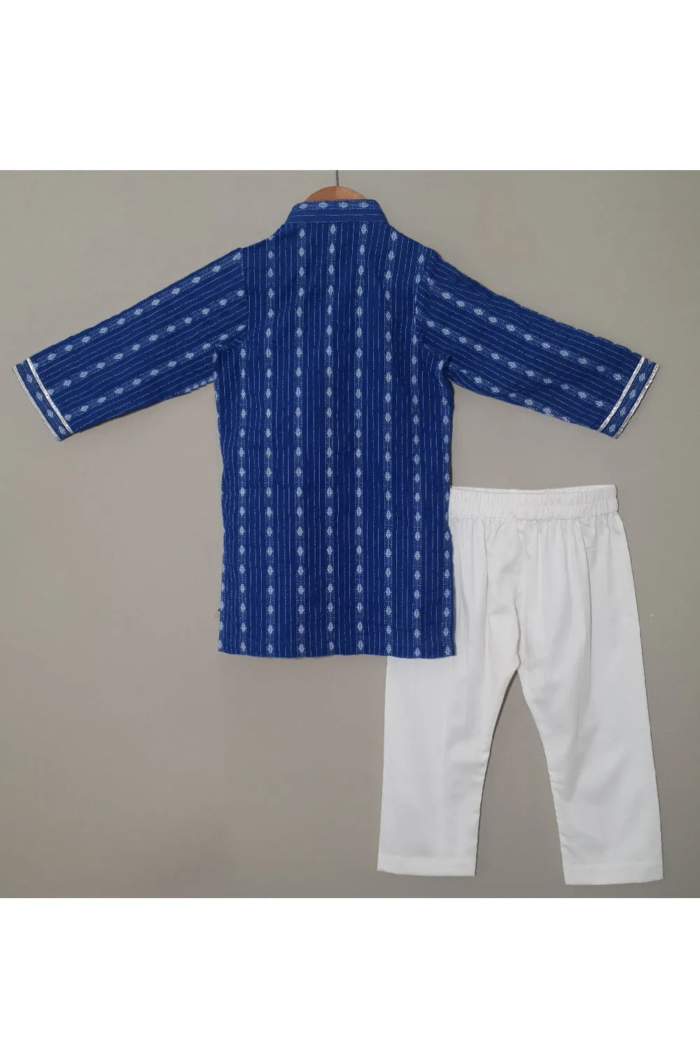 Dark Blue Printed And Lace Detailing Kurta With Pyjama Set