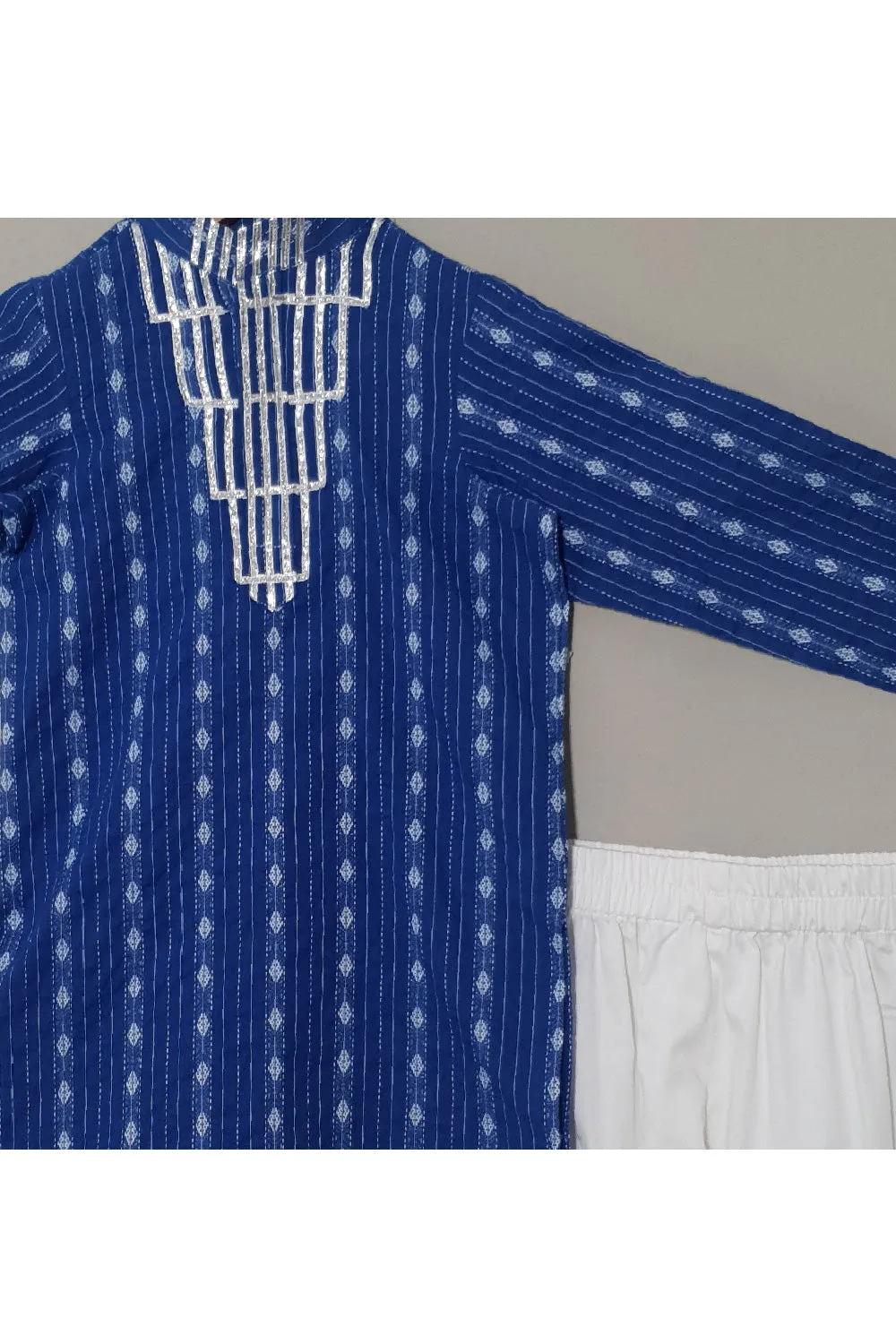 Dark Blue Printed And Lace Detailing Kurta With Pyjama Set