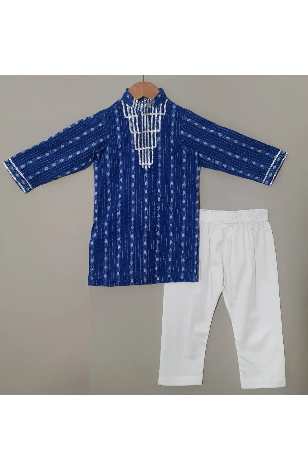 Dark Blue Printed And Lace Detailing Kurta With Pyjama Set