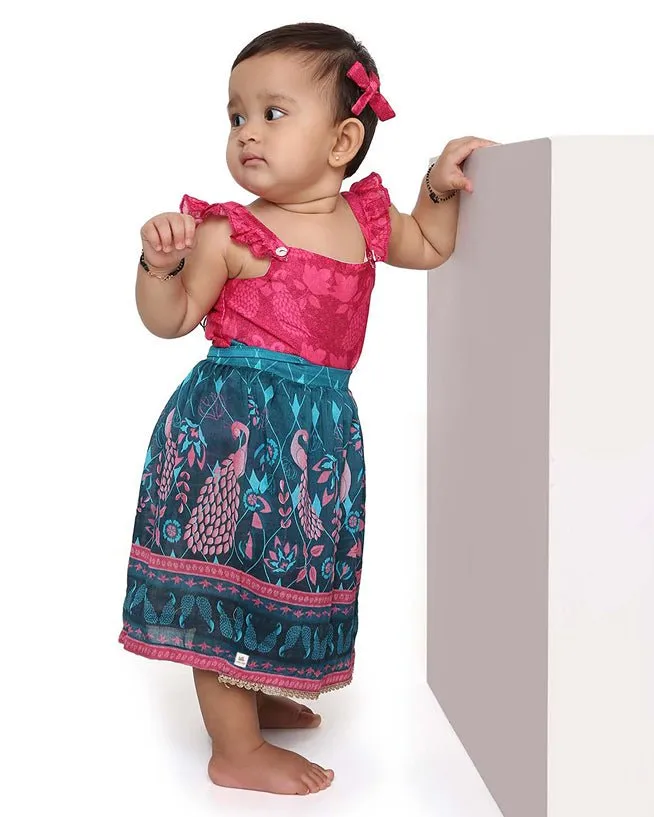 Firoza - Chanderi Peacock Printed Infant Onesie with Detachable Lehenga Skirt and Matching Clips