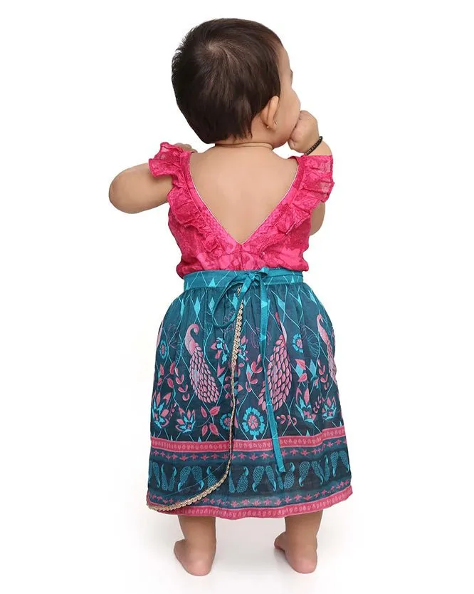 Firoza - Chanderi Peacock Printed Infant Onesie with Detachable Lehenga Skirt and Matching Clips