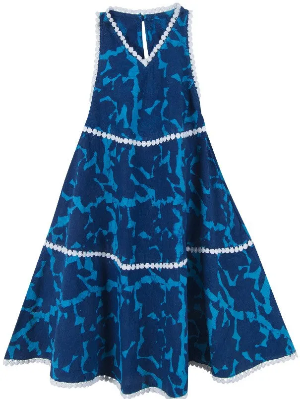 Girls Blue Hand Block Printed Cotton Twirl Lace Dress