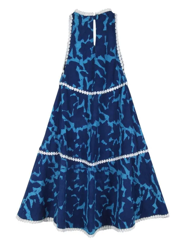 Girls Blue Hand Block Printed Cotton Twirl Lace Dress