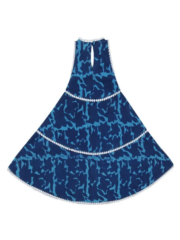 Girls Blue Hand Block Printed Cotton Twirl Lace Dress