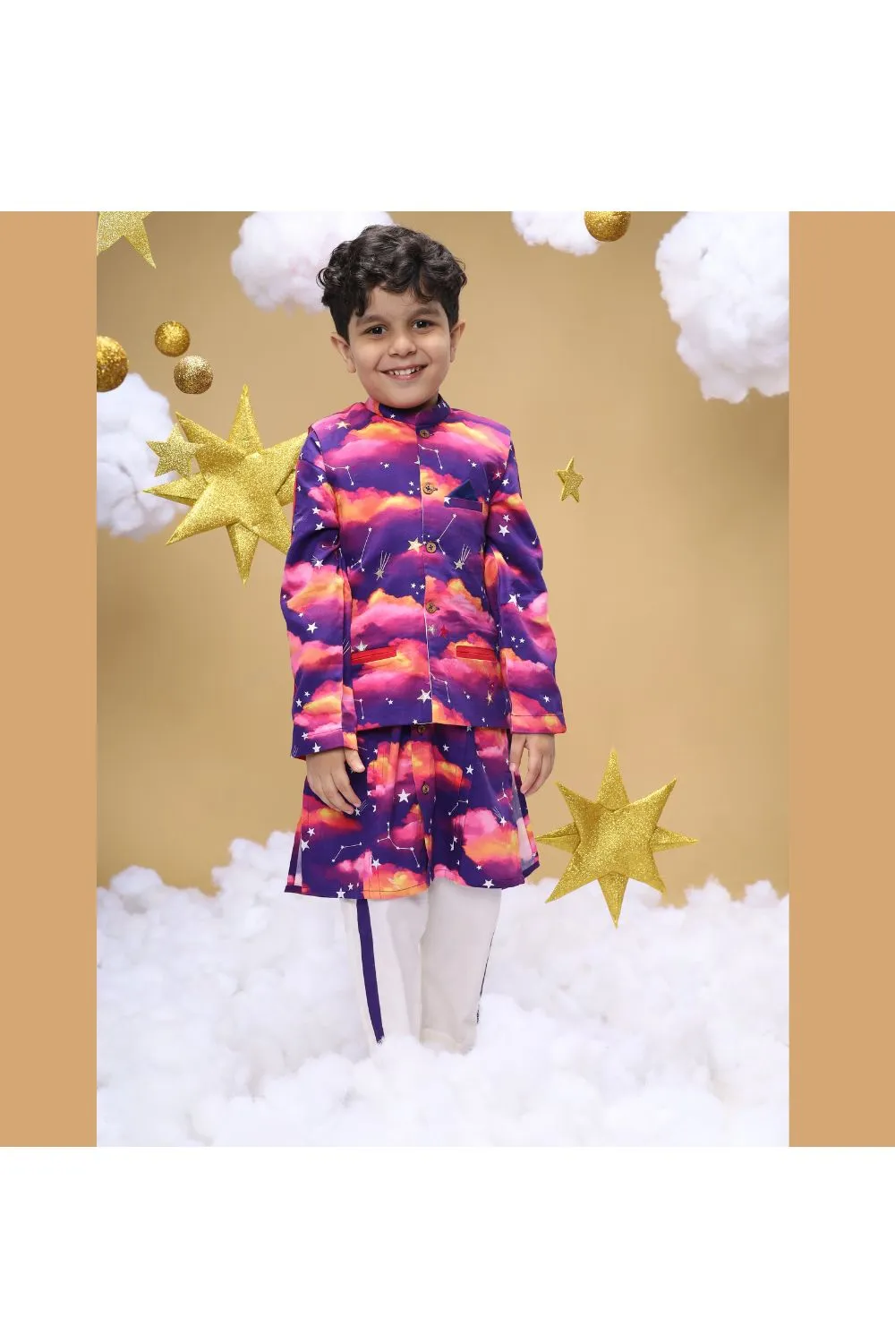 Golden Stars Embroidered And Cloud Printed Cotton Satin Kurta With Jacket Set