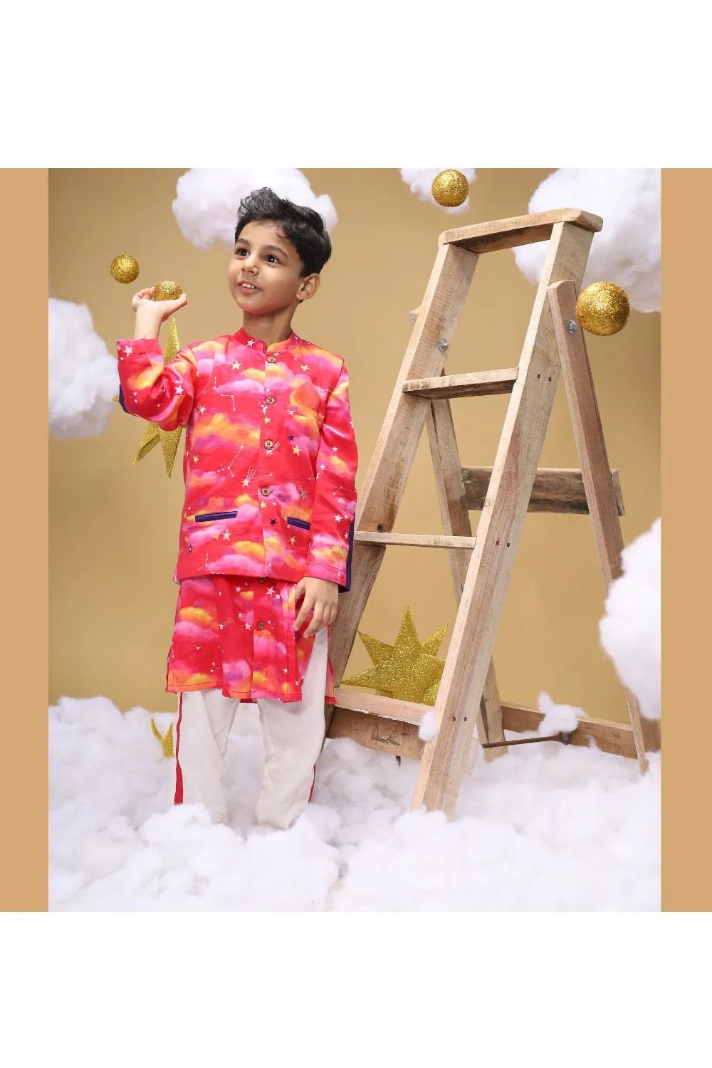 Golden Stars Embroidered And Cloud Printed Cotton Satin Kurta With Jacket Set