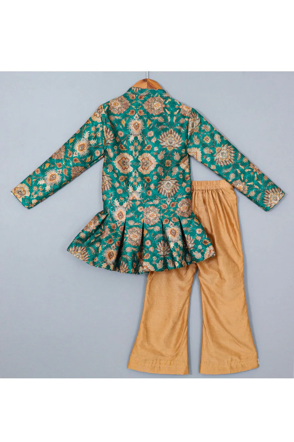 Green Floral Printed Silk Peplum Style Top With Golden Palazzo Set