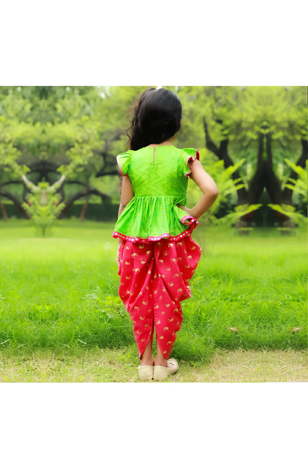 Green Kedia Style Mirrorwork Top With Pink Bird Printed Dhoti Set