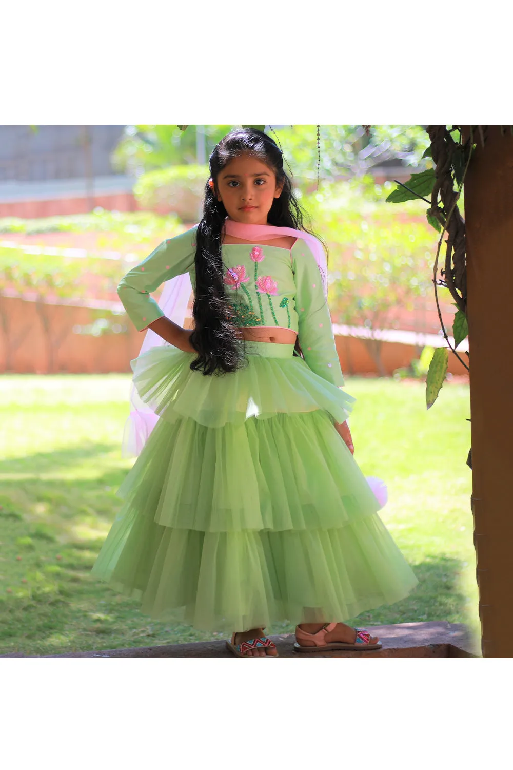 Green lotus motif top and tiered skirt