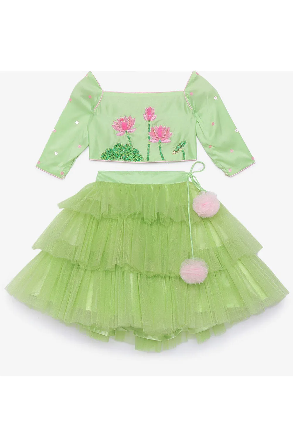 Green lotus motif top and tiered skirt