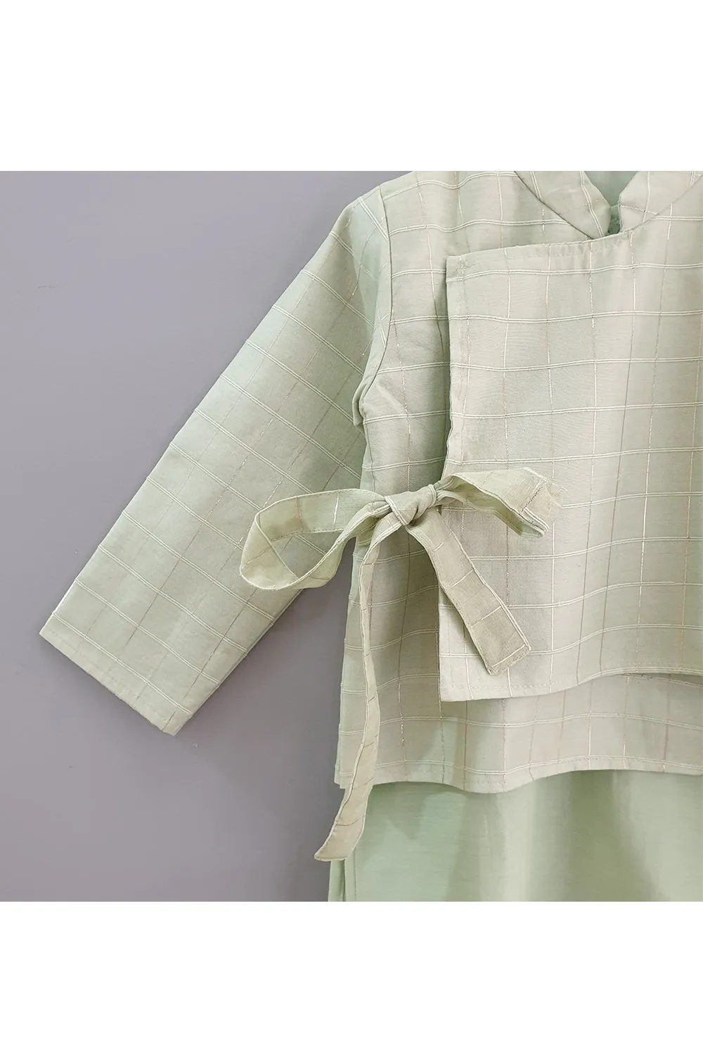 Green mint checkered jacket with kurta and off white pants