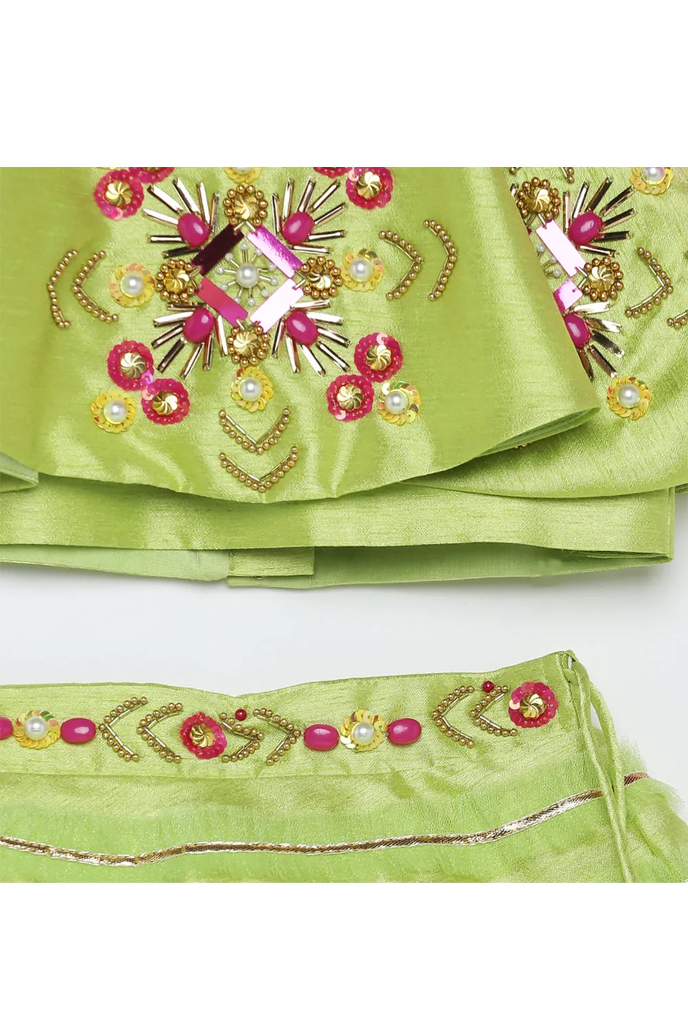 Green Sequins Work Choli With Ruffled Lehenga and Pink Dupatta